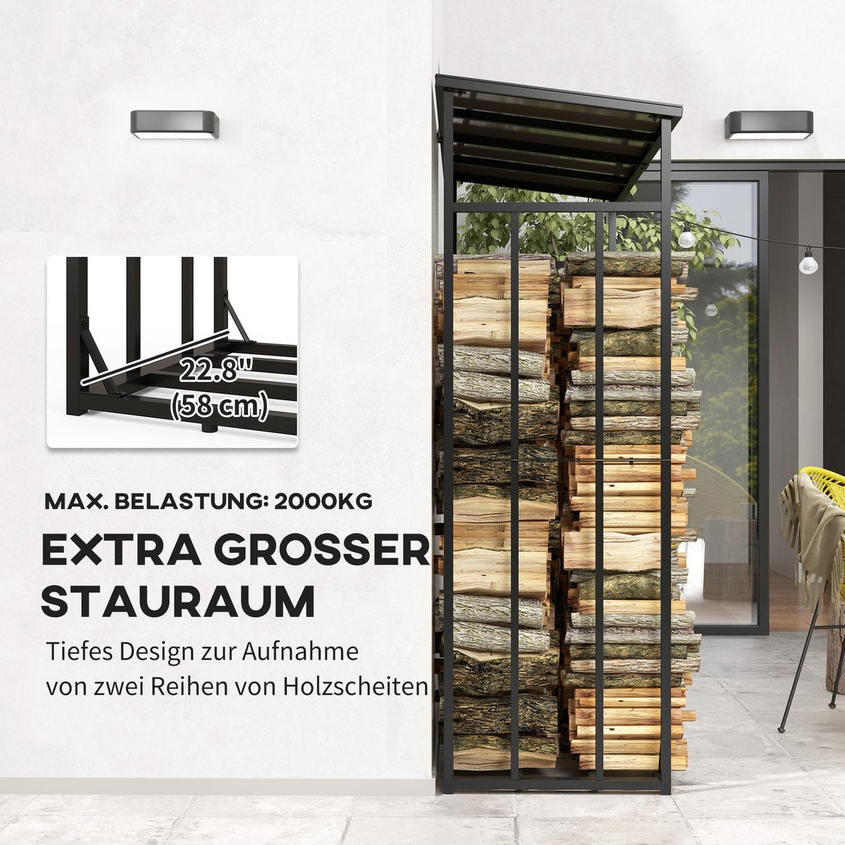 Firewood rack 185 x 62 x 184 cm firewood rack with waterproof cover, firewood rack for outdoor, indoor, up to 2000 kg, metal, black