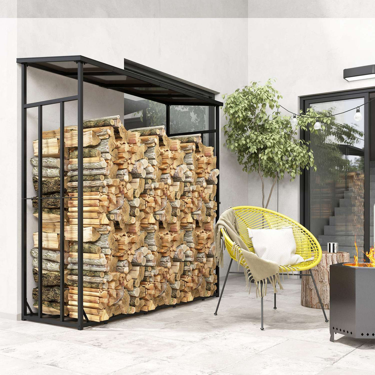 Firewood rack 185 x 62 x 184 cm firewood rack with waterproof cover, firewood rack for outdoor, indoor, up to 2000 kg, metal, black
