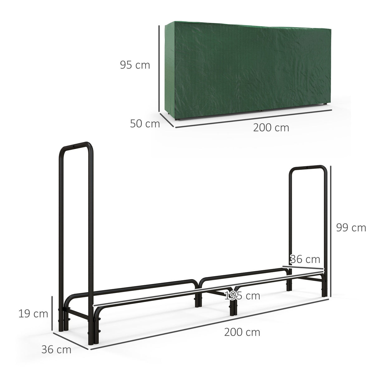 Firewood rack 200x36x99 cm adjustable with water-repellent cover for firewood in the garden and on the terrace made of black metal