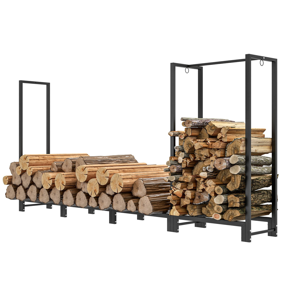 Firewood rack 240 x 32 x 115 cm firewood rack with two sections, three hooks, firewood rack for outdoor, indoor, up to 300 kg, steel, black