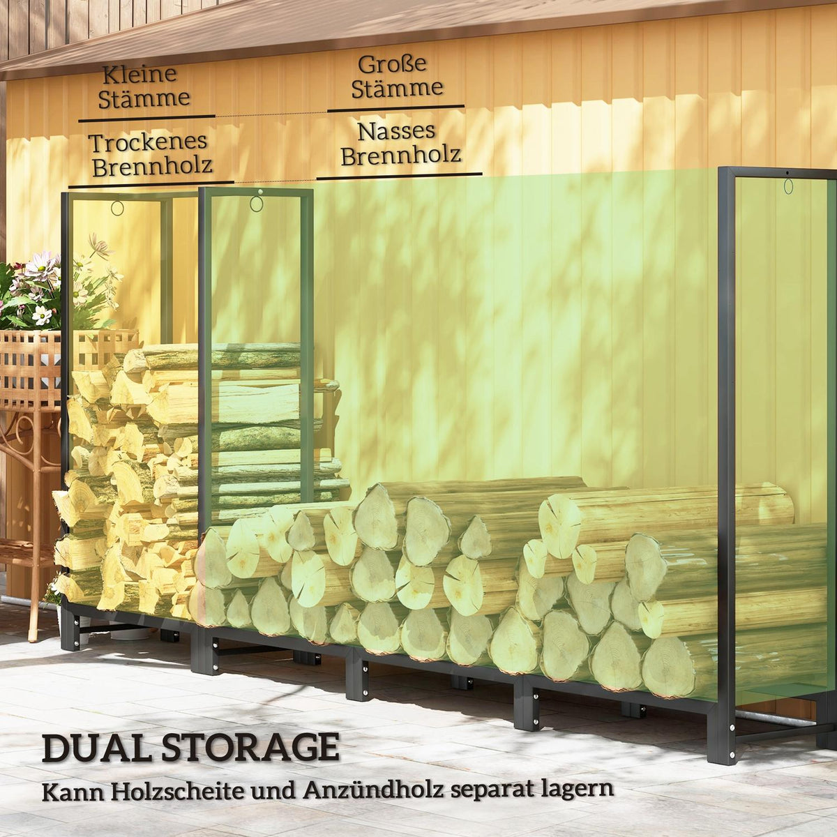Firewood rack 240 x 32 x 115 cm firewood rack with two sections, three hooks, firewood rack for outdoor, indoor, up to 300 kg, steel, black