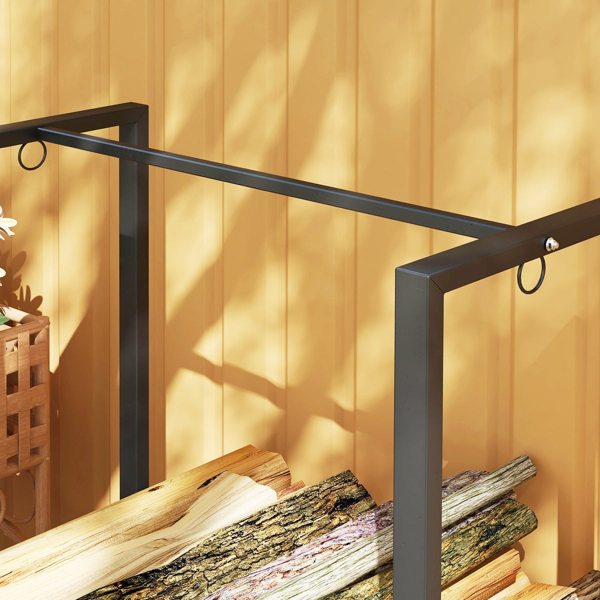 Firewood rack 240 x 32 x 115 cm firewood rack with two sections, three hooks, firewood rack for outdoor, indoor, up to 300 kg, steel, black