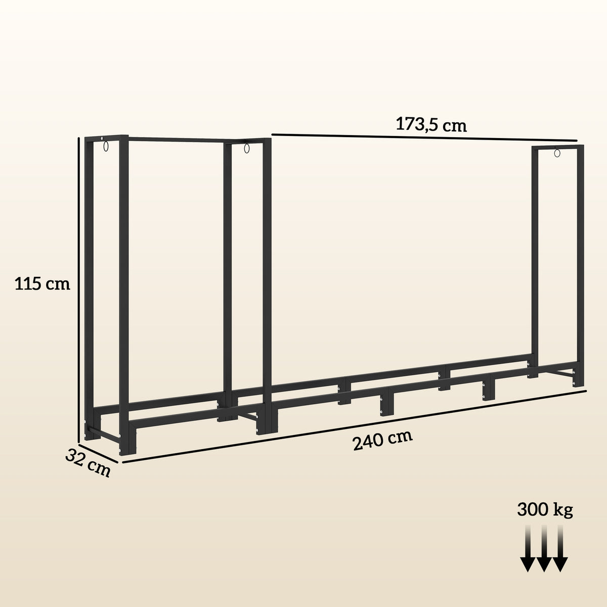 Firewood rack 240 x 32 x 115 cm firewood rack with two sections, three hooks, firewood rack for outdoor, indoor, up to 300 kg, steel, black