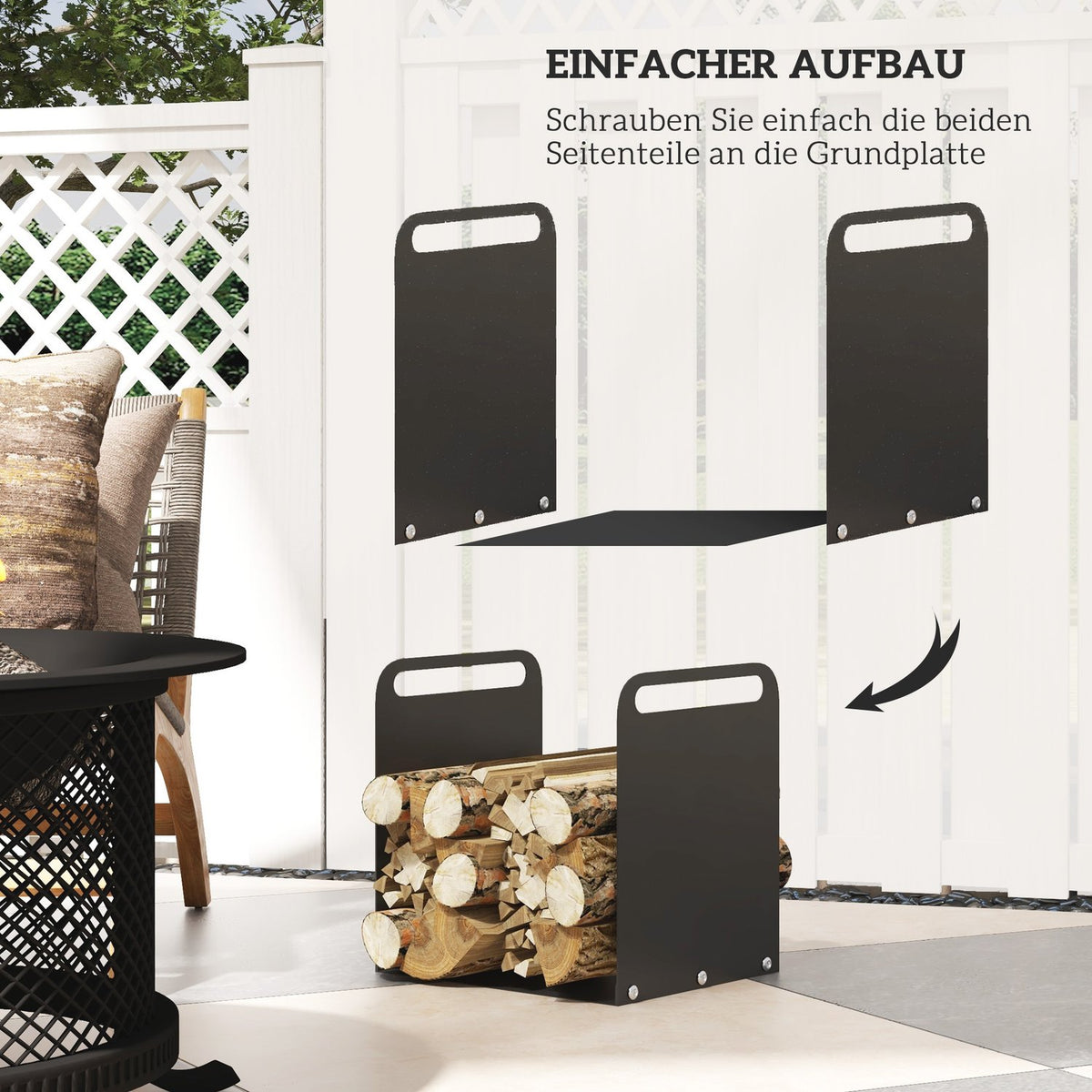 Firewood rack 36.5 x 30 x 36 cm firewood rack with handles, firewood rack for outdoor, indoor, up to 30 kg, steel, black