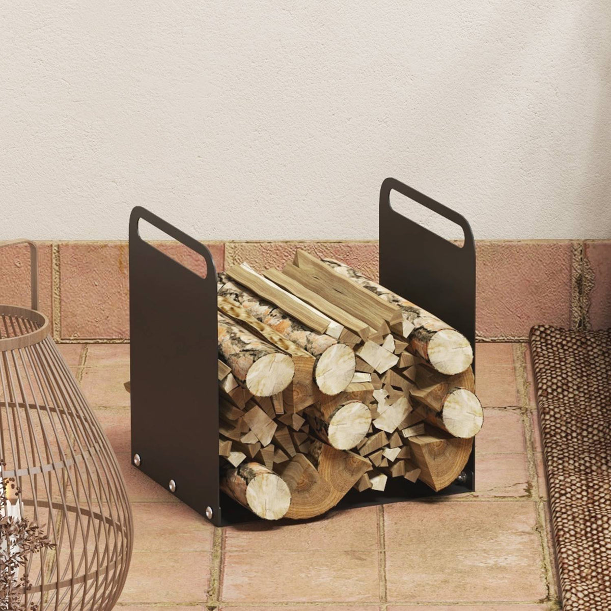 Firewood rack 36.5 x 30 x 36 cm firewood rack with handles, firewood rack for outdoor, indoor, up to 30 kg, steel, black