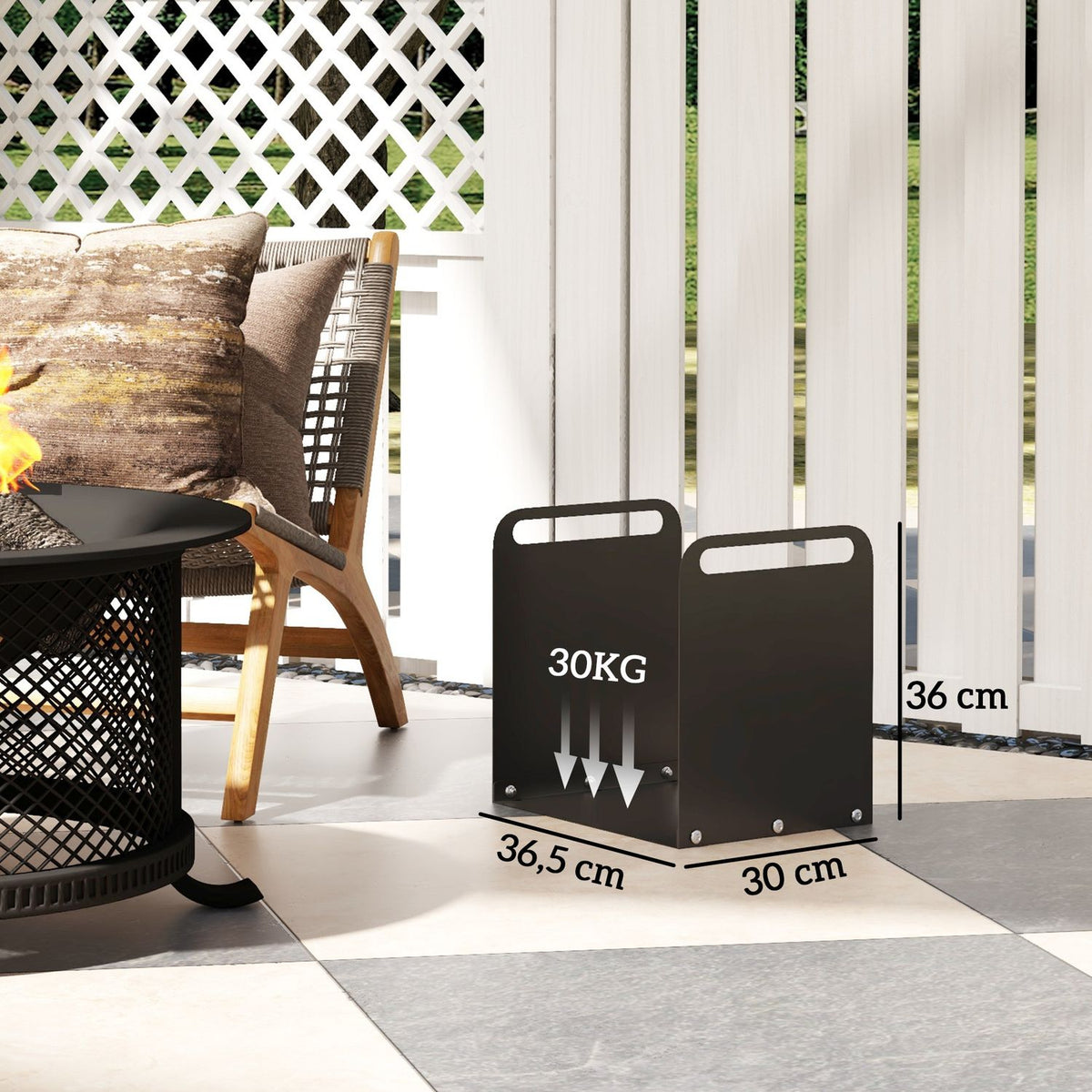 Firewood rack 36.5 x 30 x 36 cm firewood rack with handles, firewood rack for outdoor, indoor, up to 30 kg, steel, black