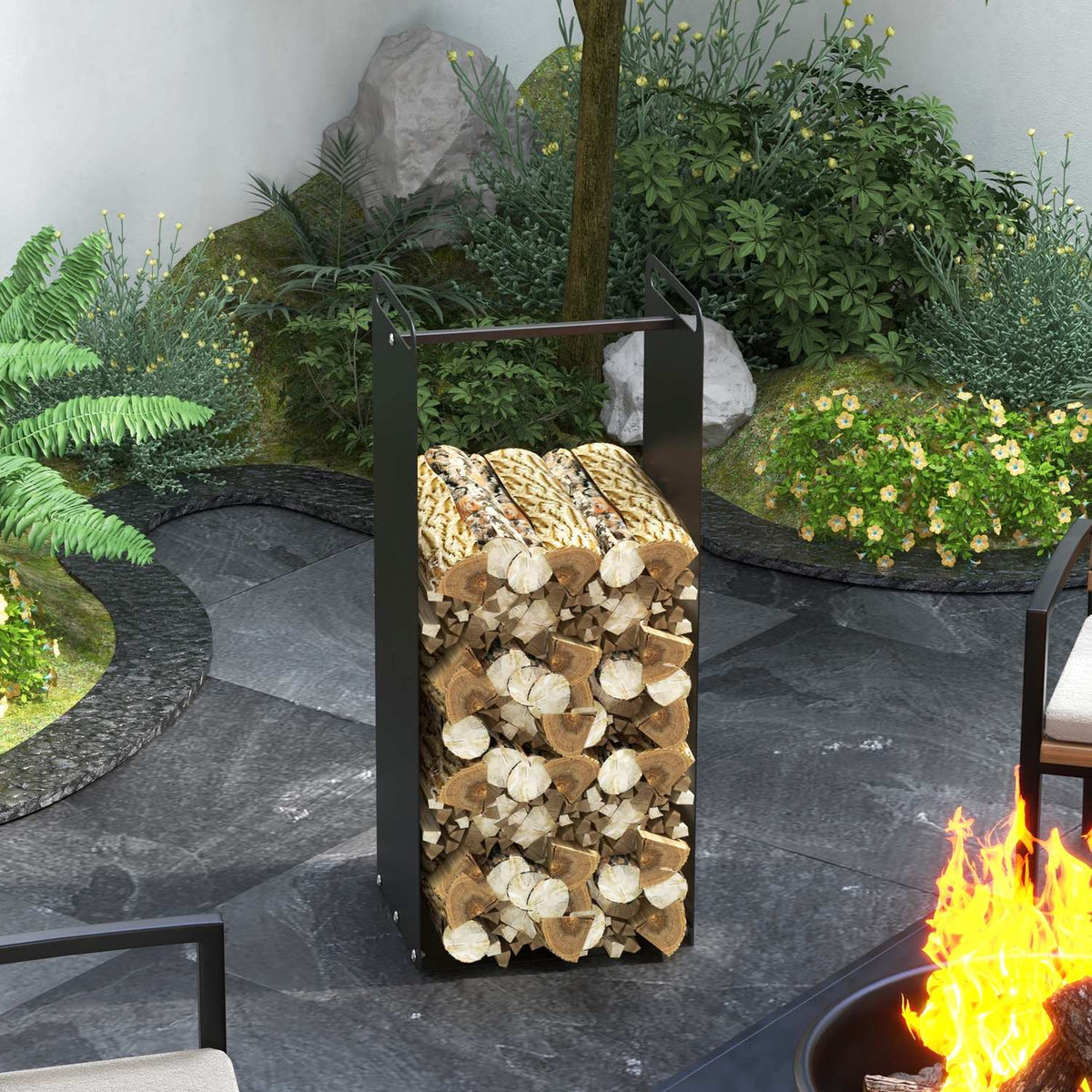 Firewood rack 36 x 30 x 90 cm firewood rack with handles, firewood rack for outdoor, indoor, up to 30 kg, steel, black
