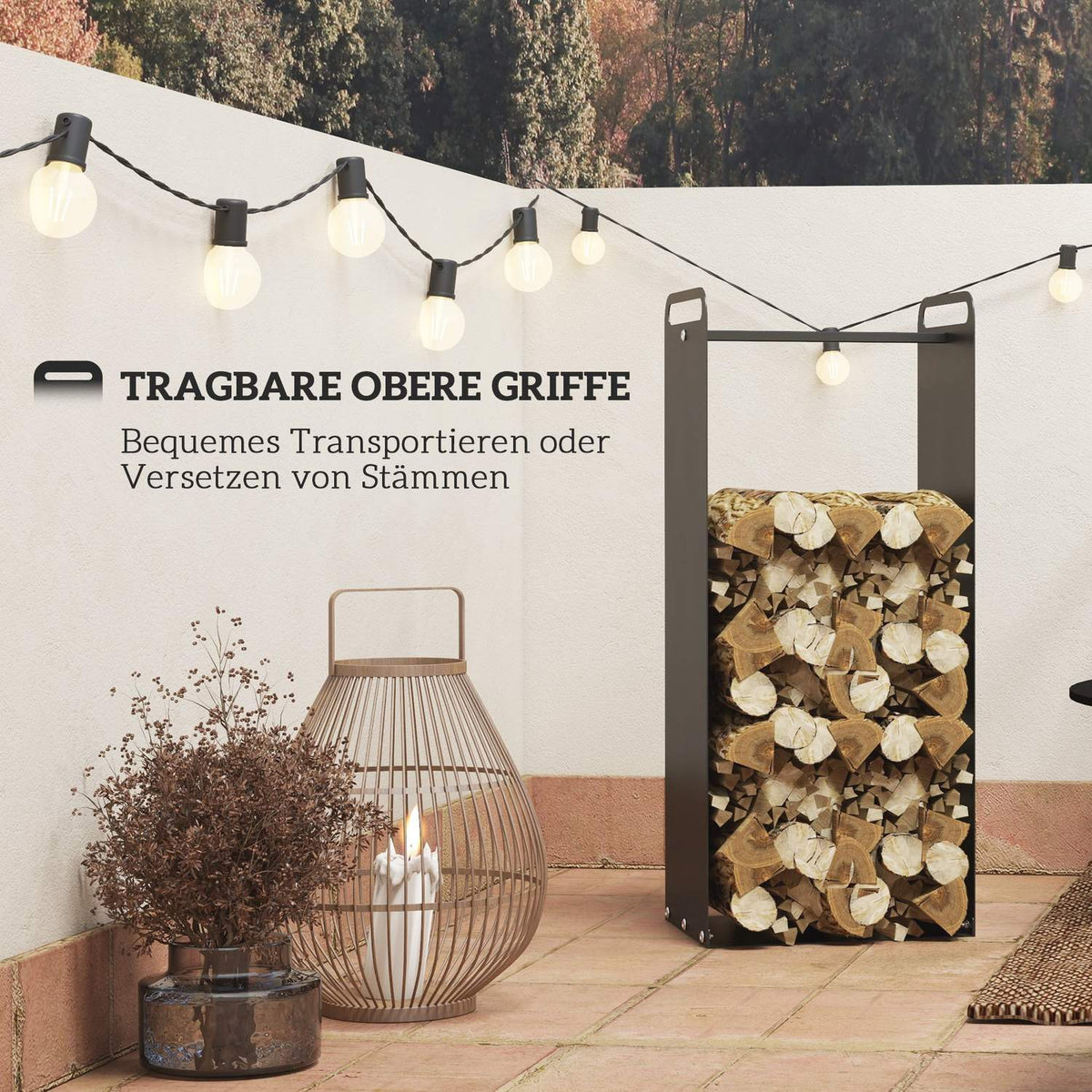 Firewood rack 36 x 30 x 90 cm firewood rack with handles, firewood rack for outdoor, indoor, up to 30 kg, steel, black