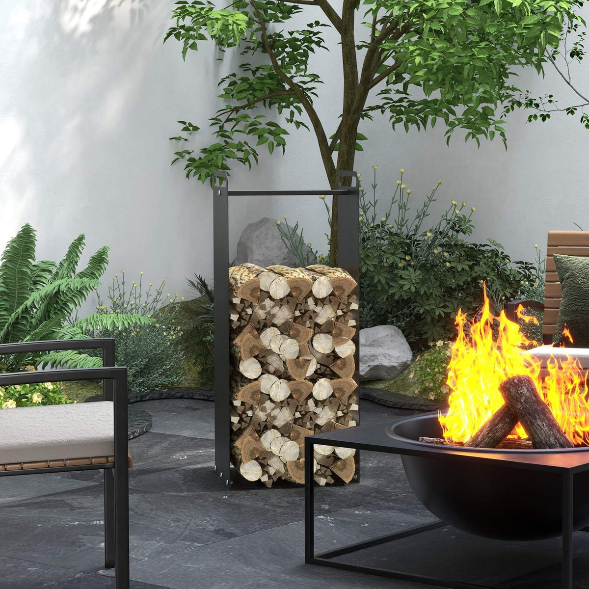 Firewood rack 36 x 30 x 90 cm firewood rack with handles, firewood rack for outdoor, indoor, up to 30 kg, steel, black
