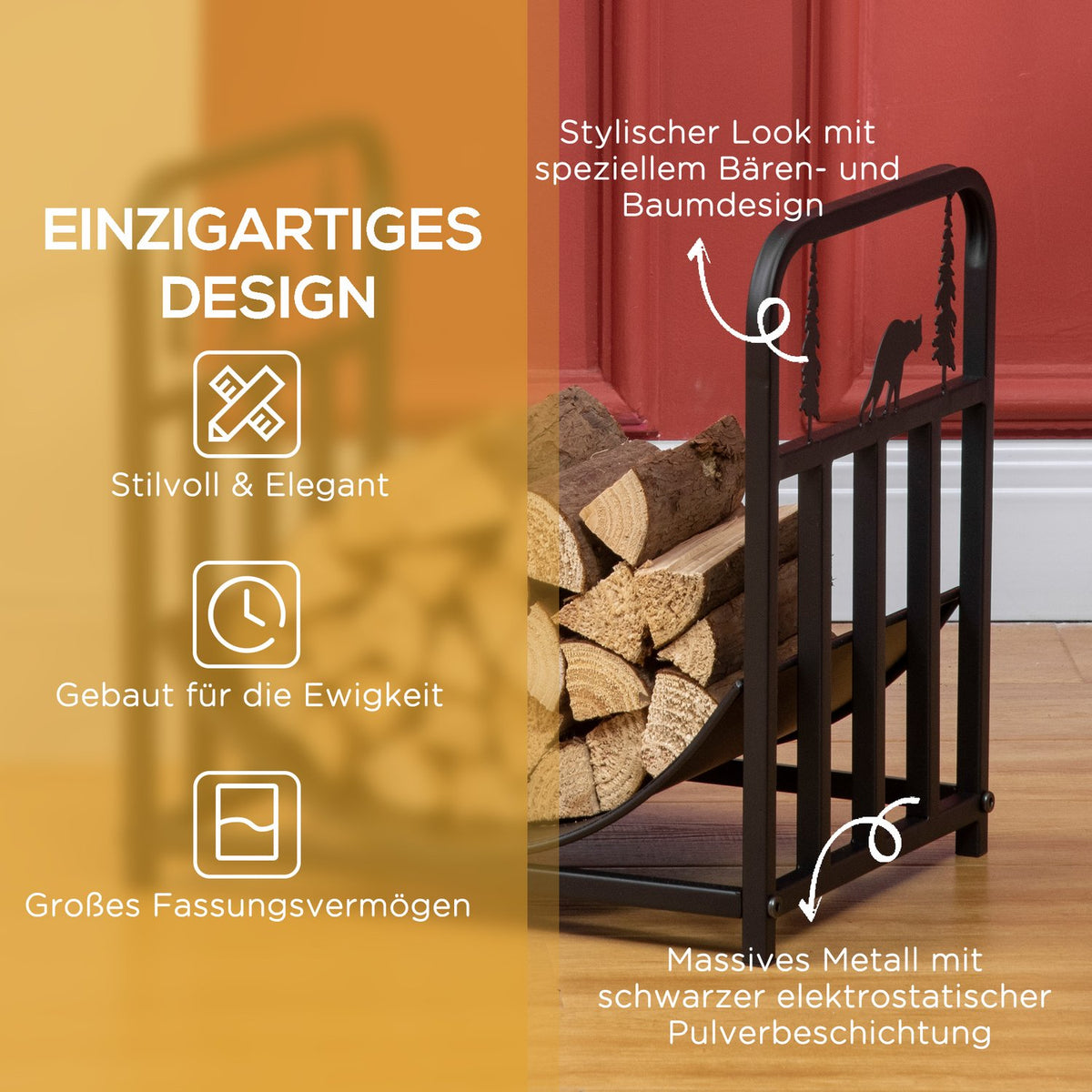 Firewood rack 42 x 33.5 x 43 cm firewood rack with handles, firewood rack for outdoor, indoor, up to 50 kg, metal, black