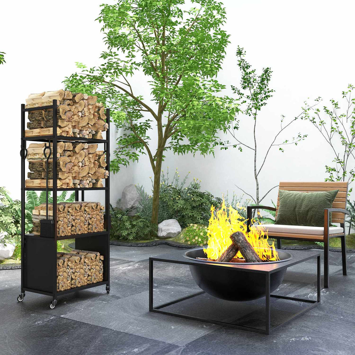 Firewood rack 45 x 30 x 118 cm firewood rack with wheels, 4 shelves, firewood rack for outdoor, indoor, up to 60 kg, metal, black