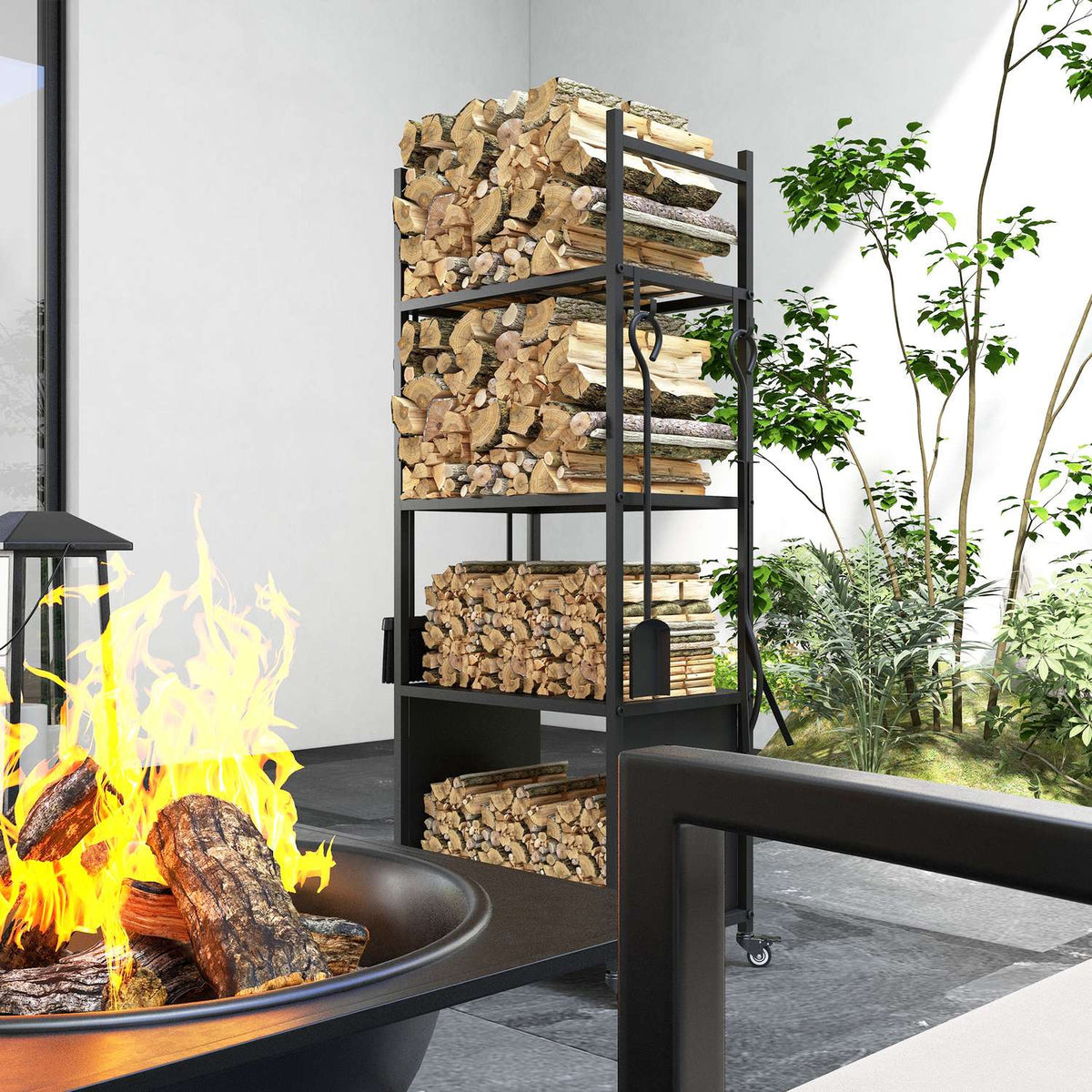 Firewood rack 45 x 30 x 118 cm firewood rack with wheels, 4 shelves, firewood rack for outdoor, indoor, up to 60 kg, metal, black