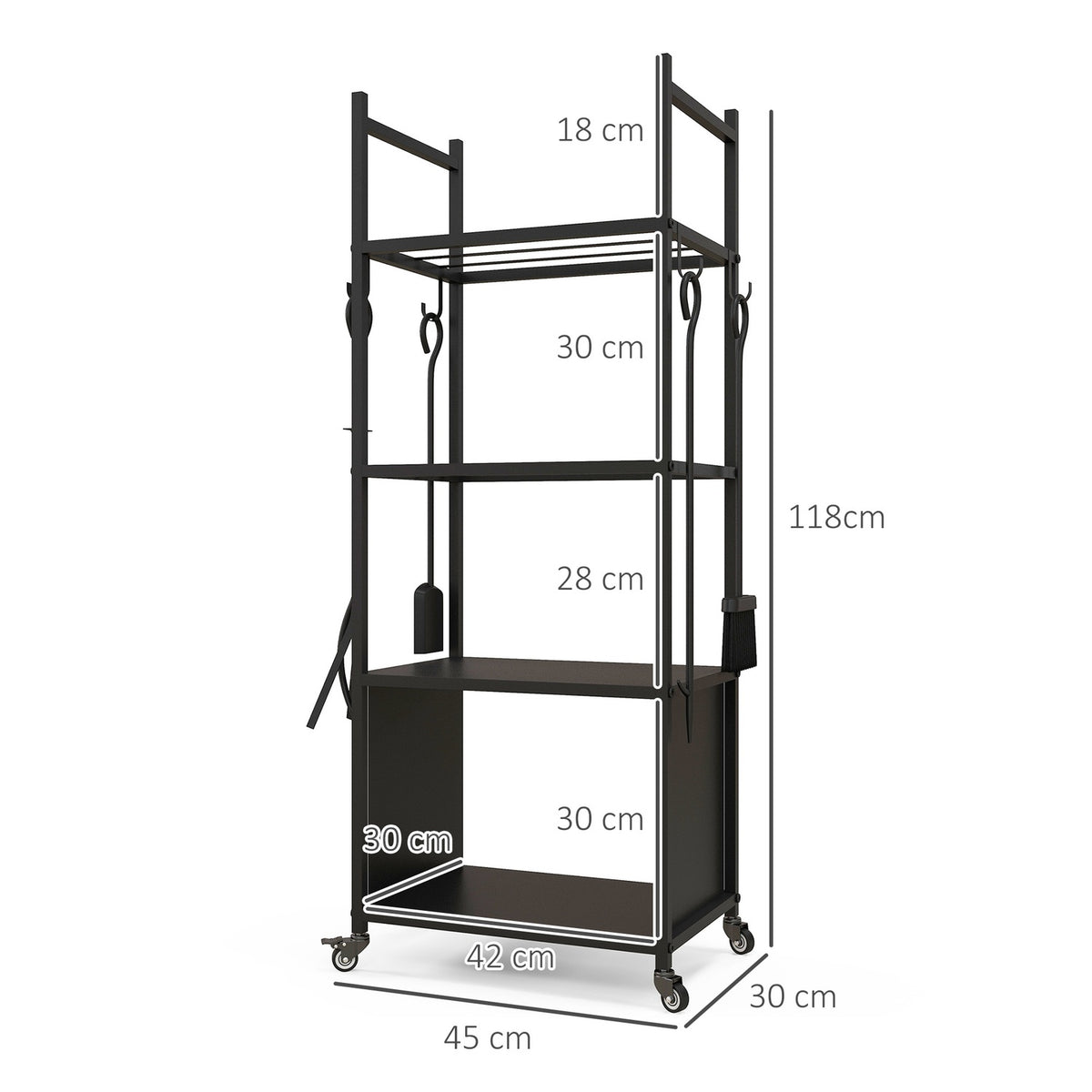 Firewood rack 45 x 30 x 118 cm firewood rack with wheels, 4 shelves, firewood rack for outdoor, indoor, up to 60 kg, metal, black