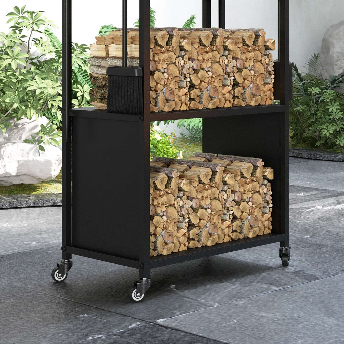 Firewood rack 45 x 30 x 118 cm firewood rack with wheels, 4 shelves, firewood rack for outdoor, indoor, up to 60 kg, metal, black