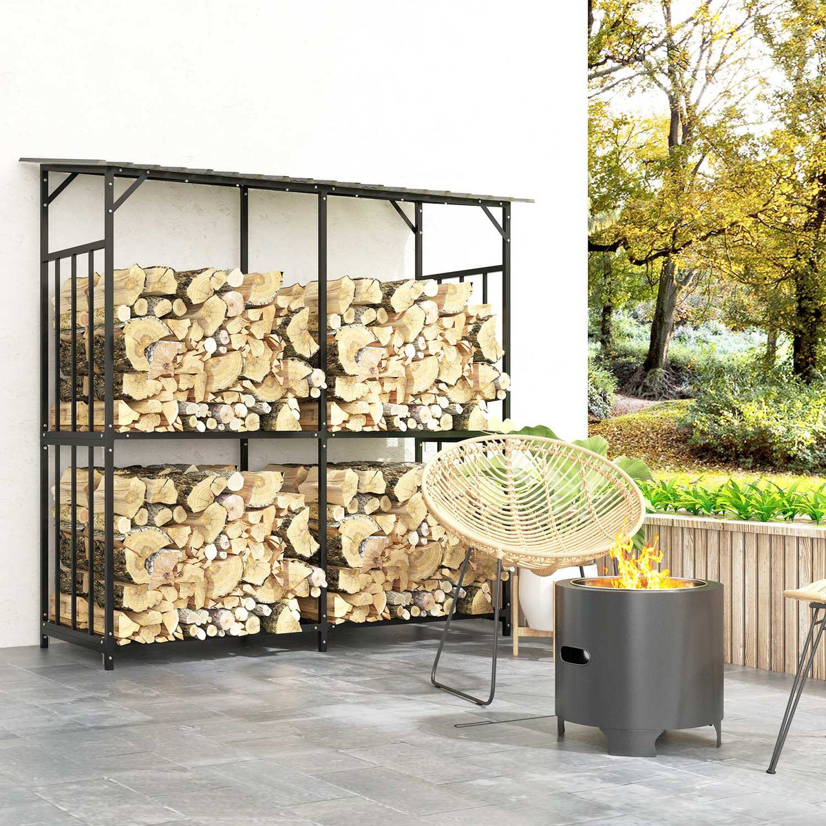 Firewood rack outside, wooden shelter 1.17 m³ firewood storage with cover, load capacity 100kg, steel, 186 x 75 x 185cm, black