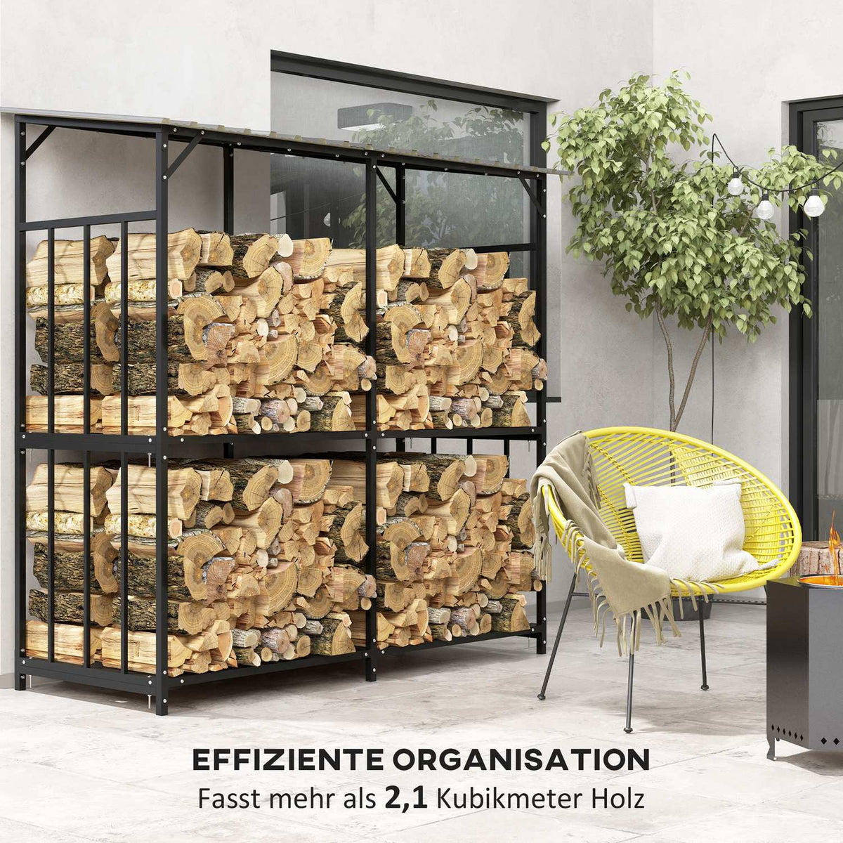 Firewood rack outside, wooden shelter 1.17 m³ firewood storage with cover, load capacity 100kg, steel, 186 x 75 x 185cm, black