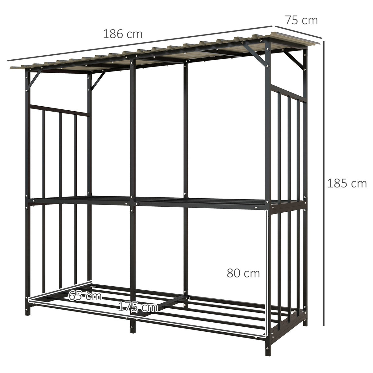 Firewood rack outside, wooden shelter 1.17 m³ firewood storage with cover, load capacity 100kg, steel, 186 x 75 x 185cm, black