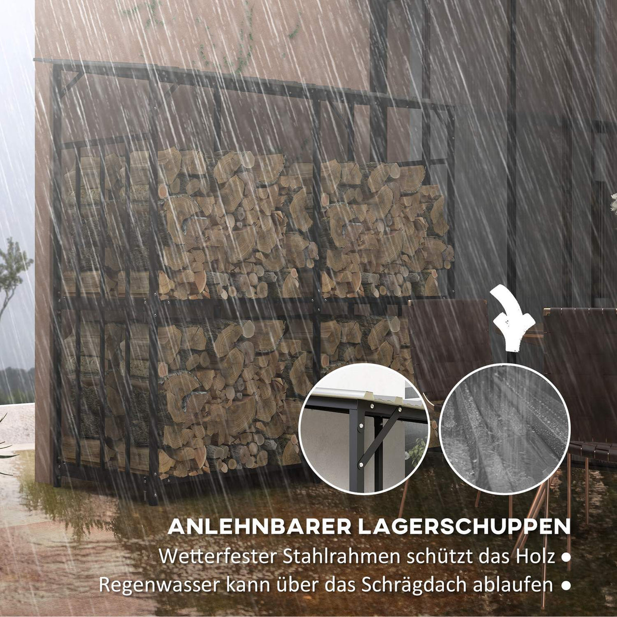 Firewood rack outside, wooden shelter 1.17 m³ firewood storage with cover, load capacity 100kg, steel, 186 x 75 x 185cm, black