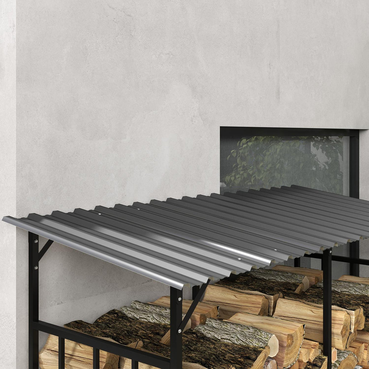 Firewood rack outside, wooden shelter 1.17 m³ firewood storage with cover, load capacity 100kg, steel, 186 x 75 x 185cm, black