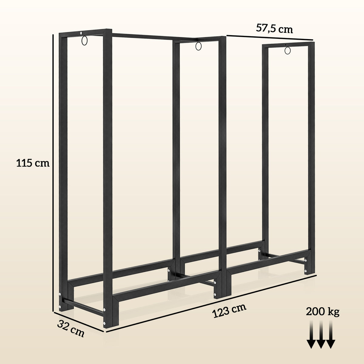 Firewood rack, two sections, stainless steel frame, up to 200 kg, 123 x 32 x 115 cm, black