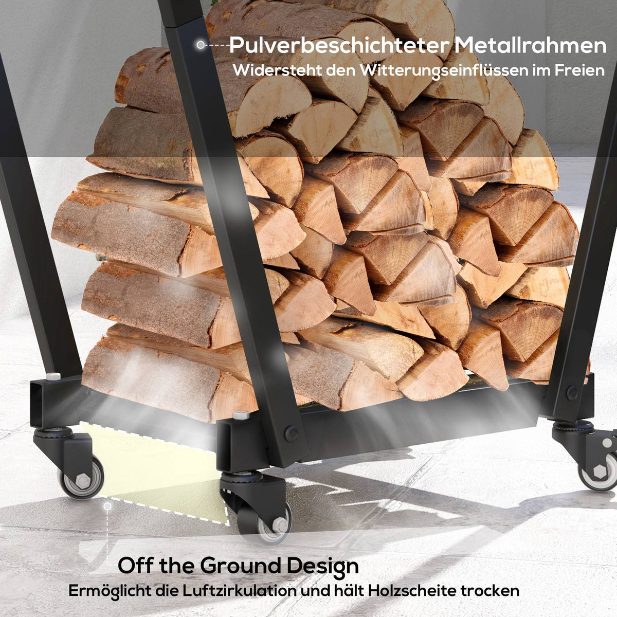 Firewood rack with wheels 79 x 30 x 81 cm, firewood rack for garden and patio, black metal, including kindling and tool hooks