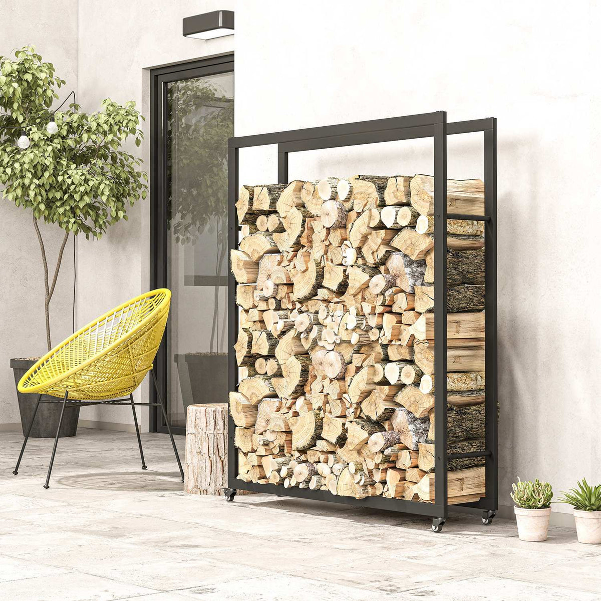 Firewood rack with wheels, mobile, metal frame, up to 150 kg, 120 x 32 x 151 cm, black