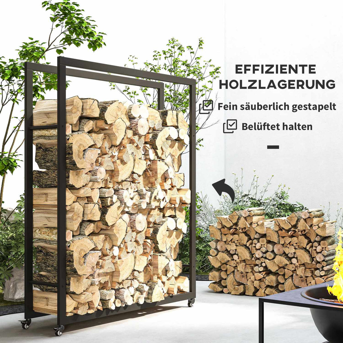 Firewood rack with wheels, mobile, metal frame, up to 150 kg, 120 x 32 x 151 cm, black