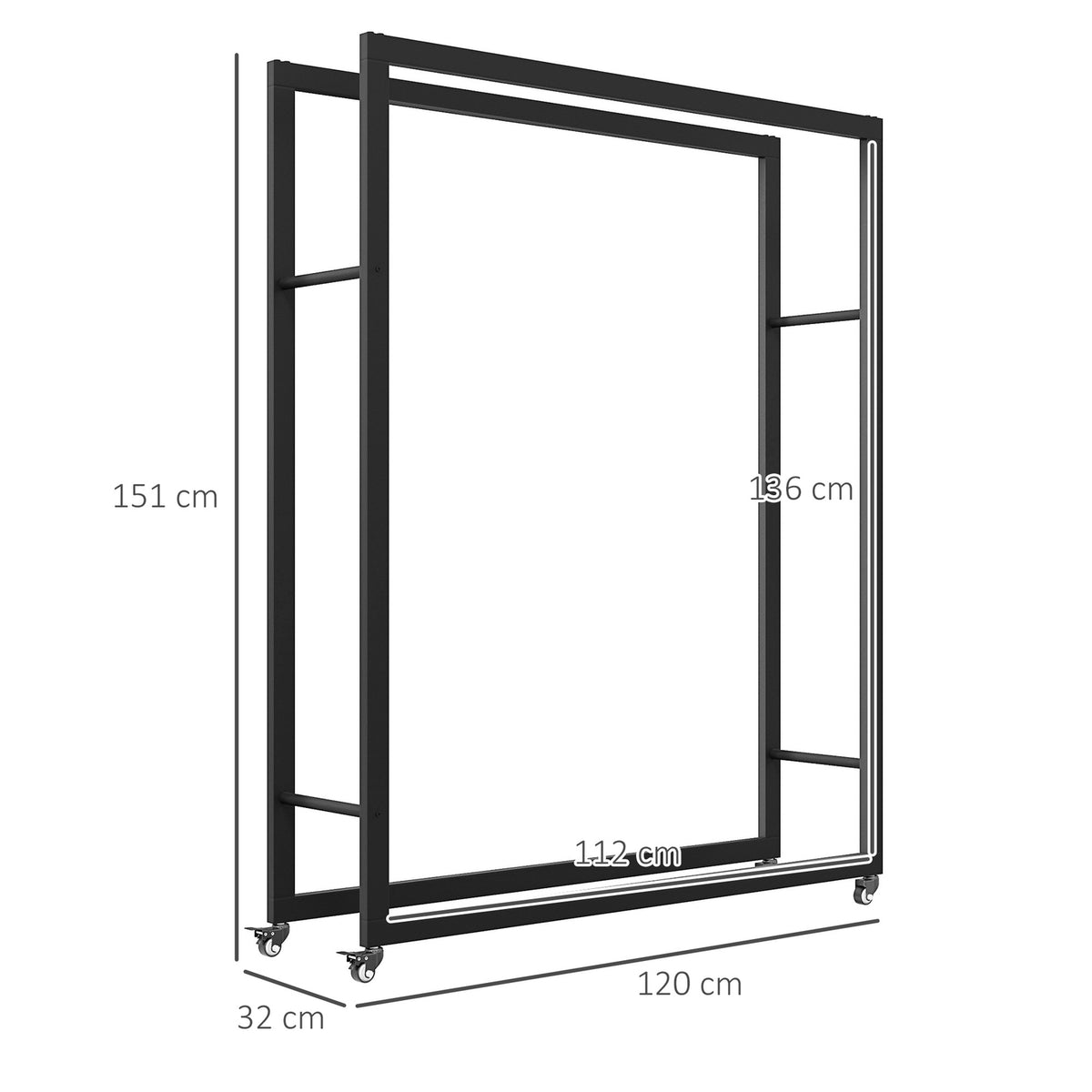 Firewood rack with wheels, mobile, metal frame, up to 150 kg, 120 x 32 x 151 cm, black