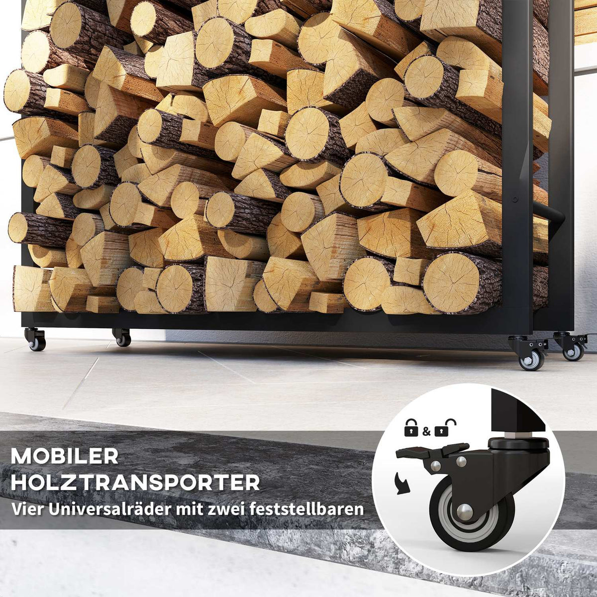 Firewood rack with wheels, mobile, metal frame, up to 150 kg, 120 x 32 x 151 cm, black