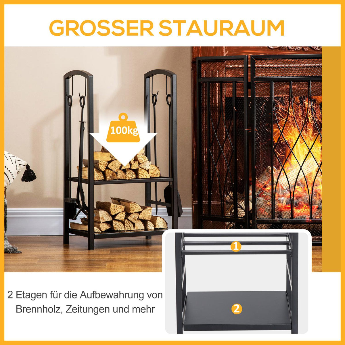 Firewood stand firewood rack firewood tray 2 layers fireplace tool black 40x30x74.5cm