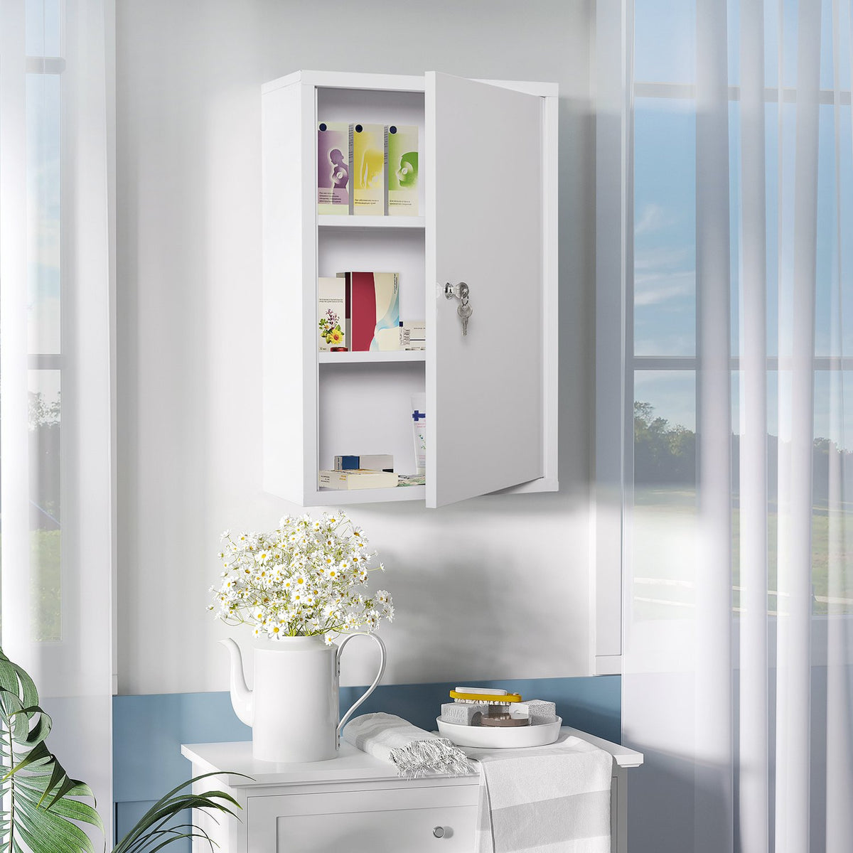 First Aid Cabinet Medicine Cabinet 3 Compartments Lockable Steel White 40X18X60Cm