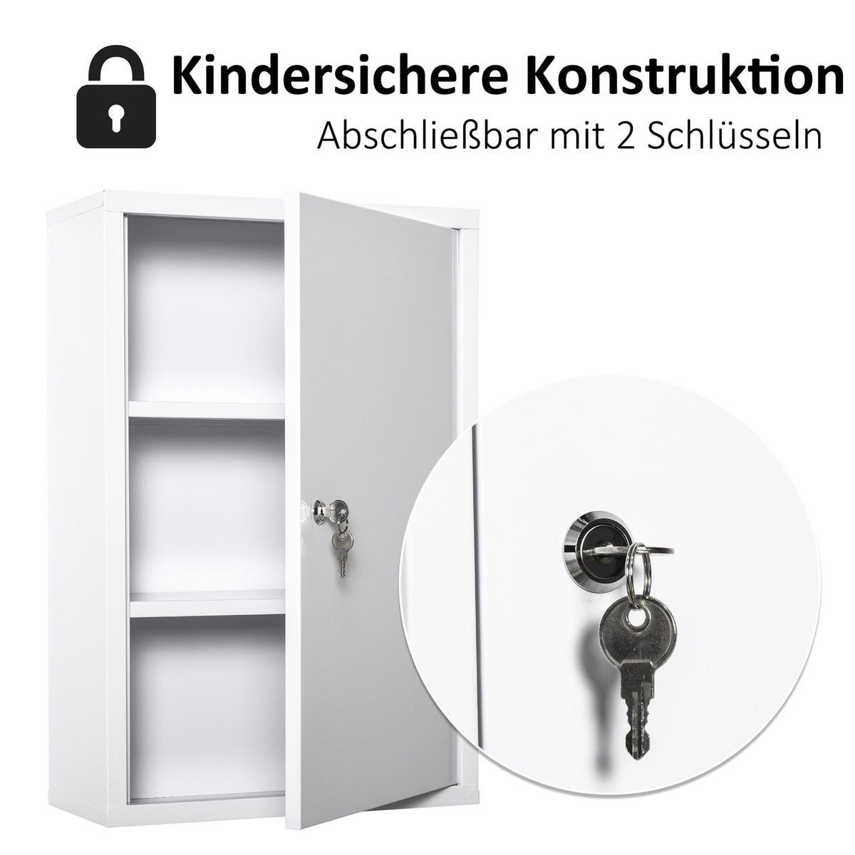First Aid Cabinet Medicine Cabinet 3 Compartments Lockable Steel White 40X18X60Cm