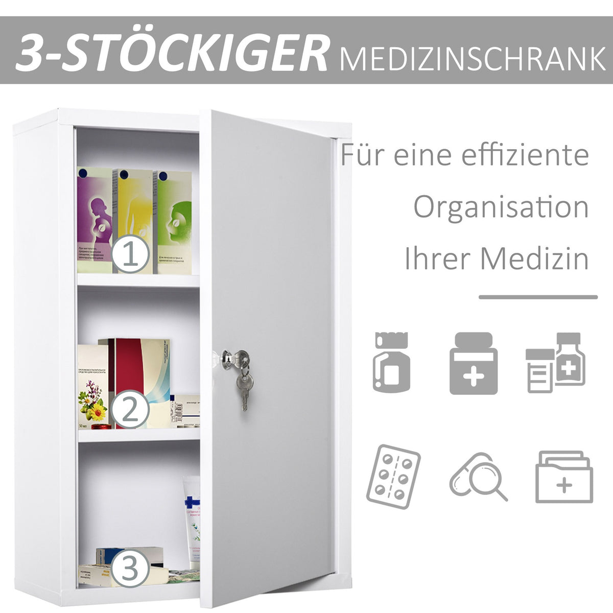 First Aid Cabinet Medicine Cabinet 3 Compartments Lockable Steel White 40X18X60Cm