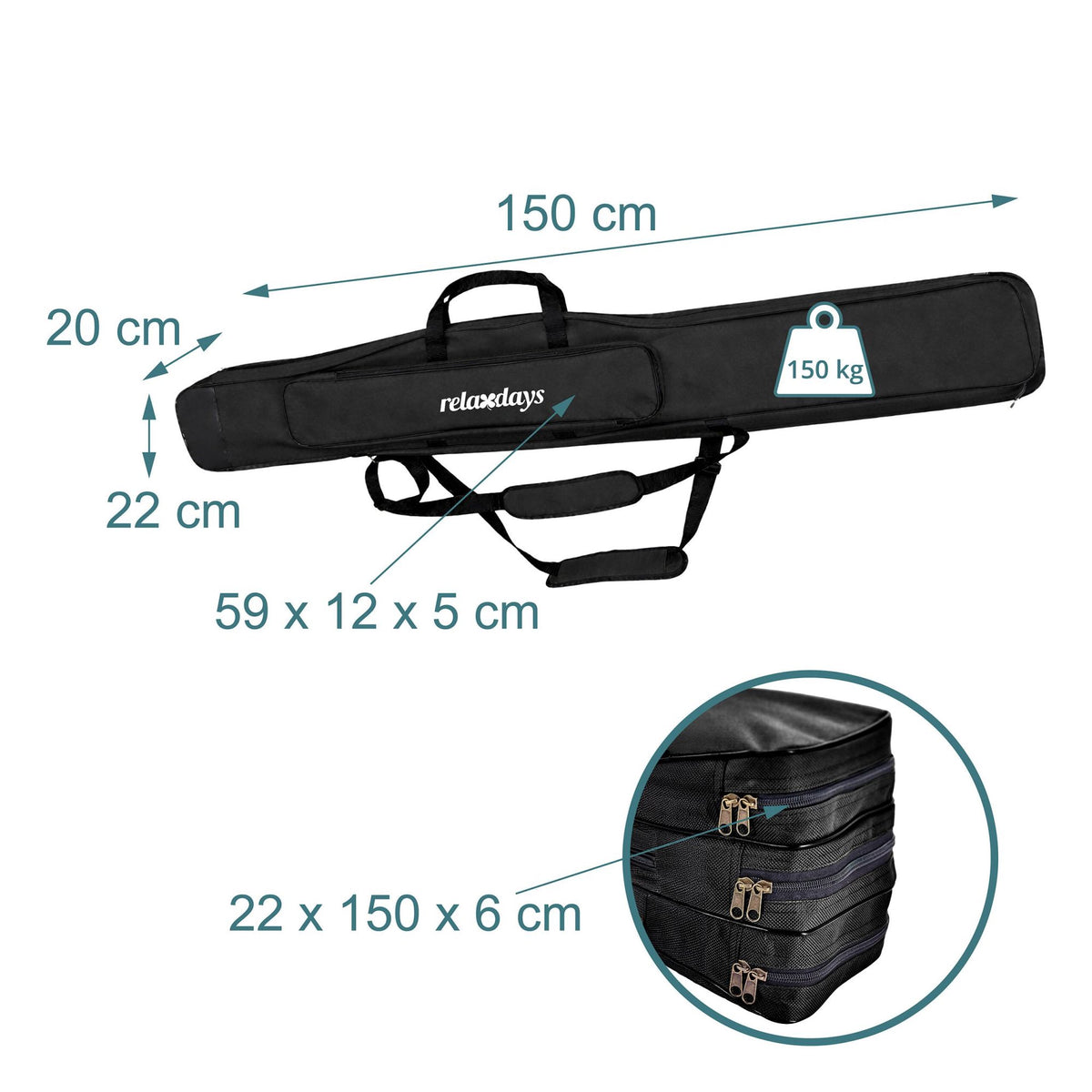 Fishing Rod Bag, 5 Compartments, Black, 150 cm