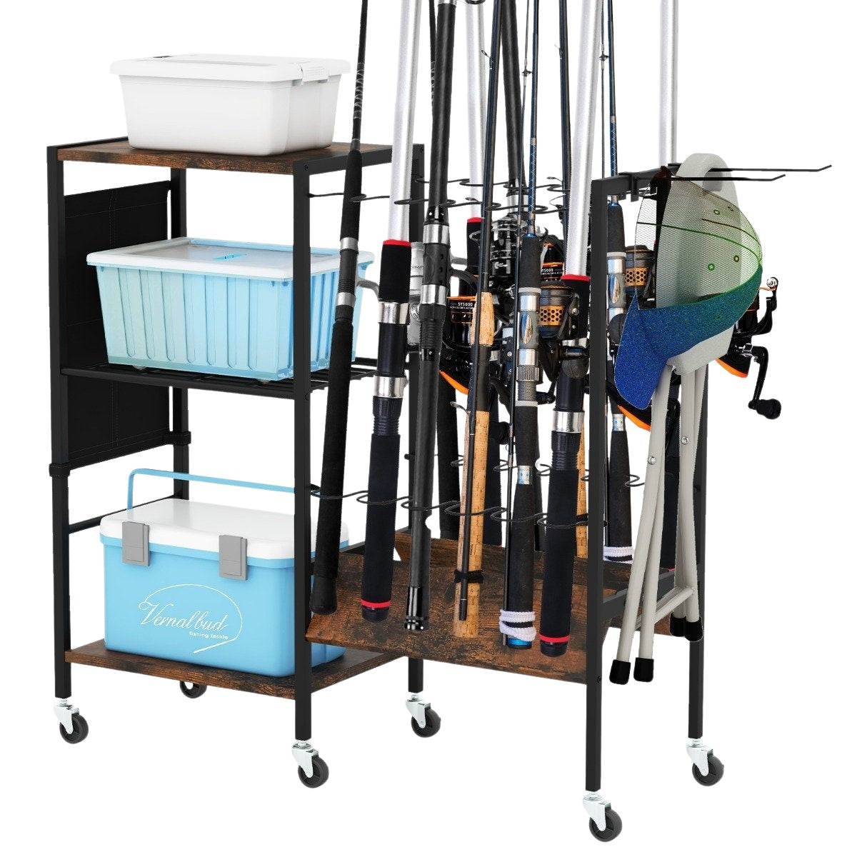 Fishing rod holder with lockable universal wheels, tackle trolley, fishing equipment organiser