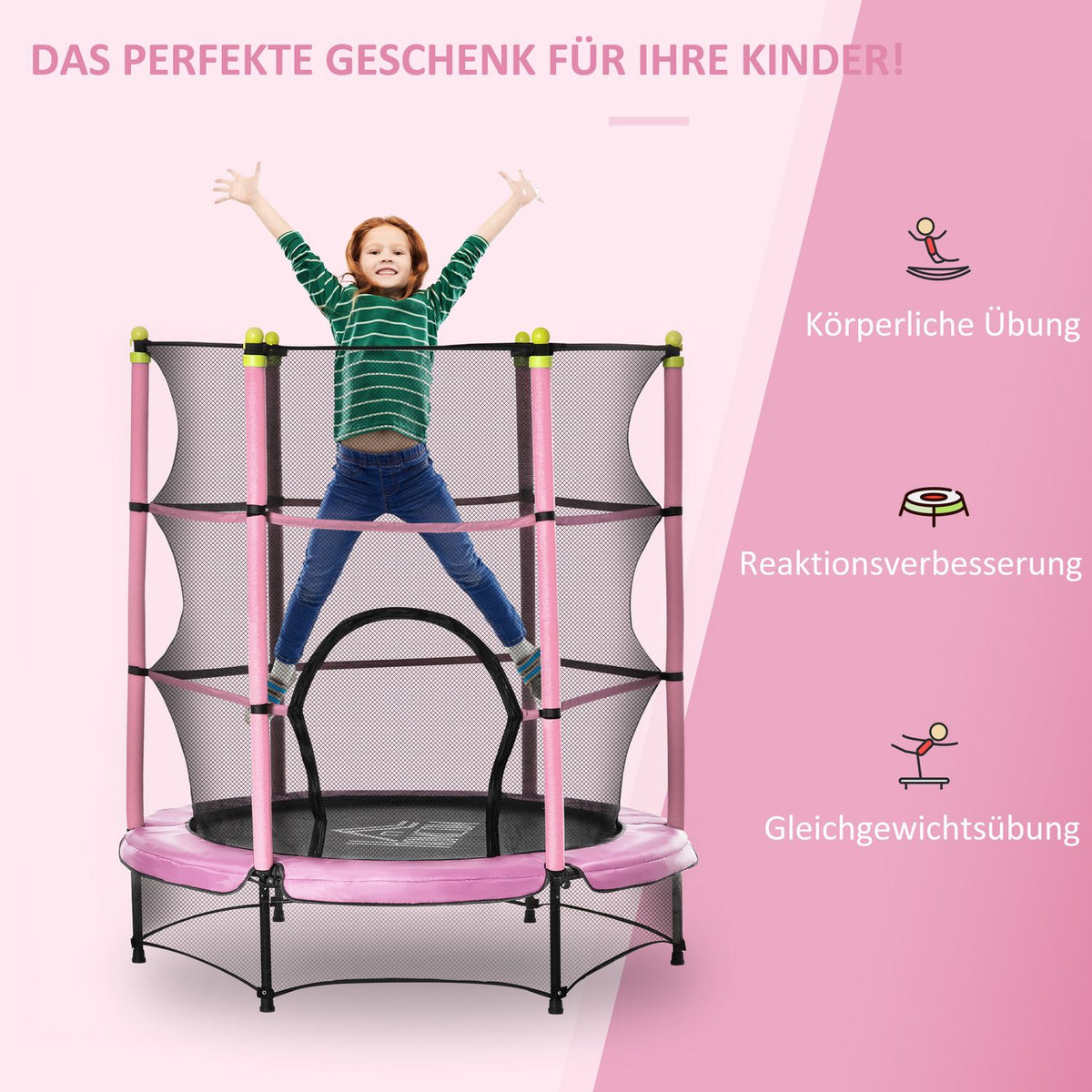 Fitness Trampoline For Children With Safety Net And Edge Cover, Rubber Rope, Pink, Up To 45 Kg