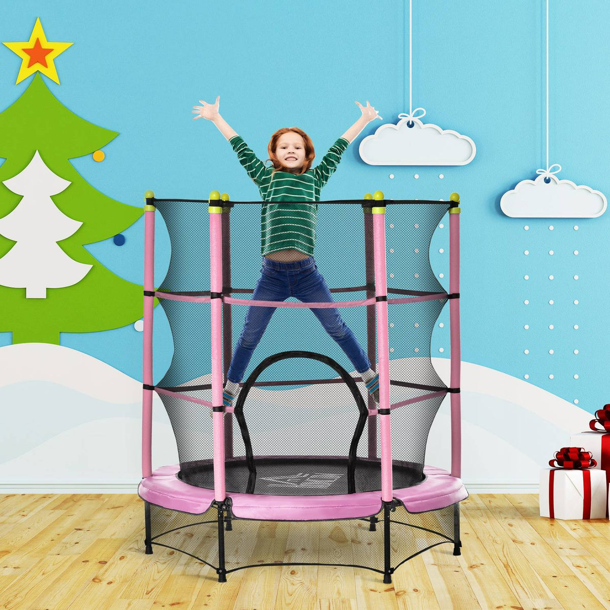 Fitness Trampoline For Children With Safety Net And Edge Cover, Rubber Rope, Pink, Up To 45 Kg