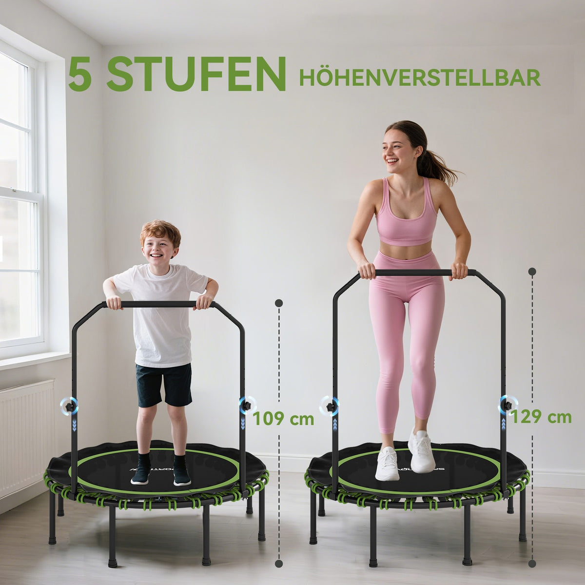 Fitness Trampoline with Adjustable Handle, Indoor/Outdoor, Green