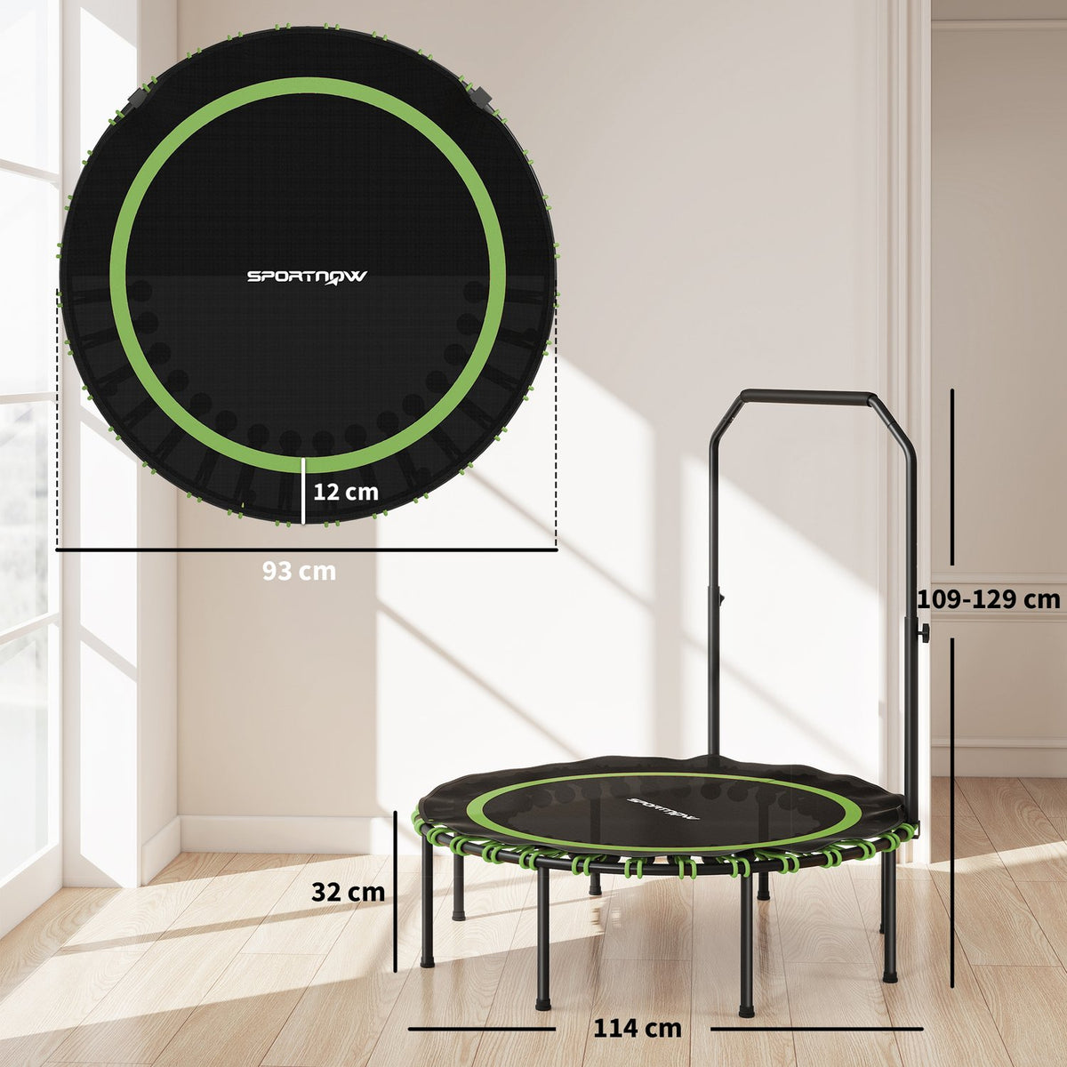 Fitness Trampoline with Adjustable Handle, Indoor/Outdoor, Green