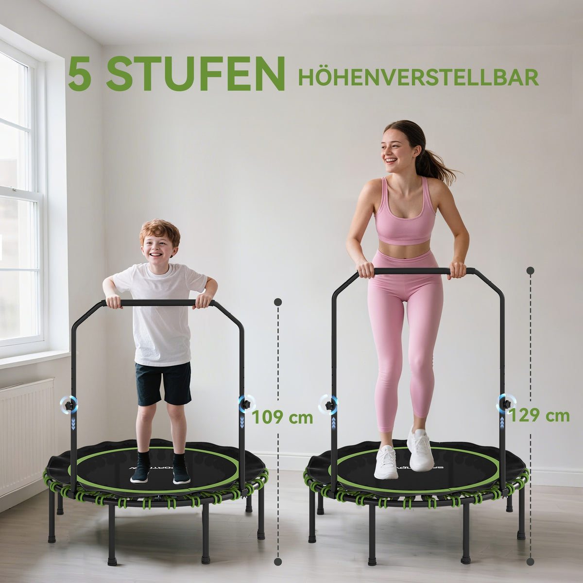 Fitness Trampoline with Adjustable Handle, Indoor/Outdoor, Green