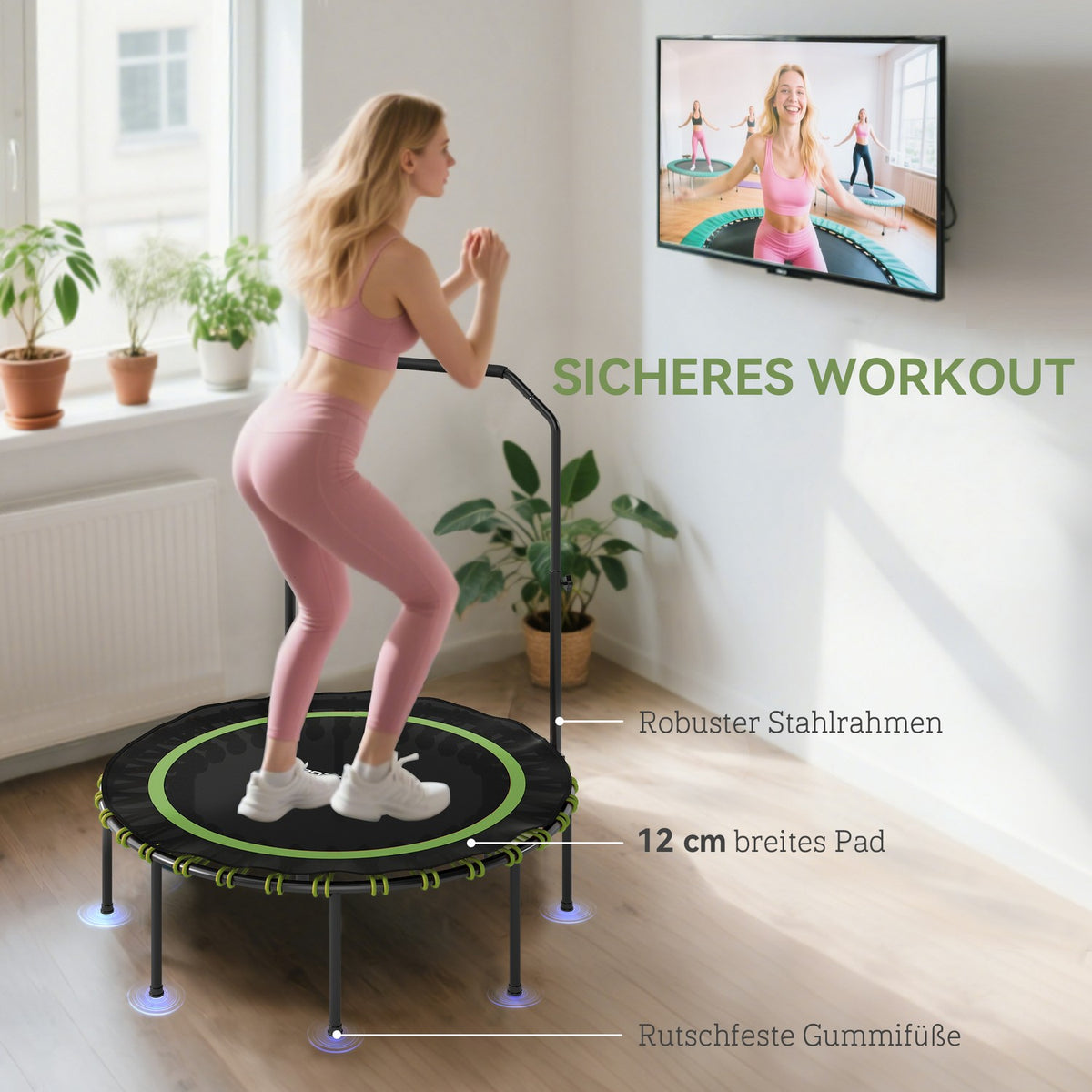 Fitness Trampoline with Adjustable Handle, Indoor/Outdoor, Green