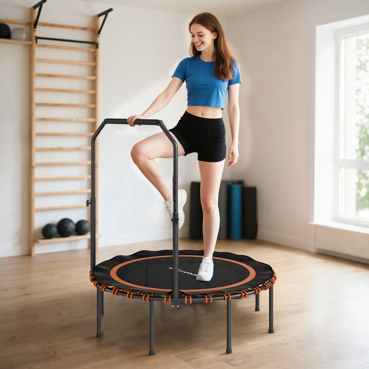 Fitness Trampoline with Adjustable Handle, Indoor/Outdoor, Orange