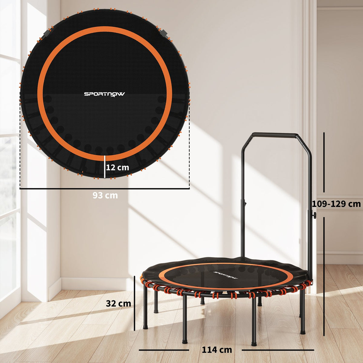 Fitness Trampoline with Adjustable Handle, Indoor/Outdoor, Orange