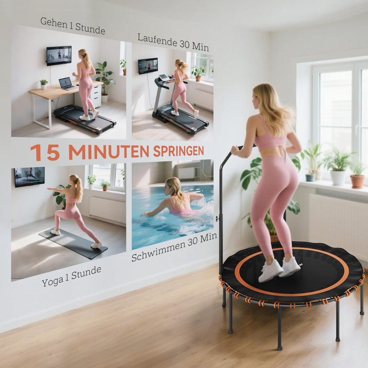 Fitness Trampoline with Adjustable Handle, Indoor/Outdoor, Orange