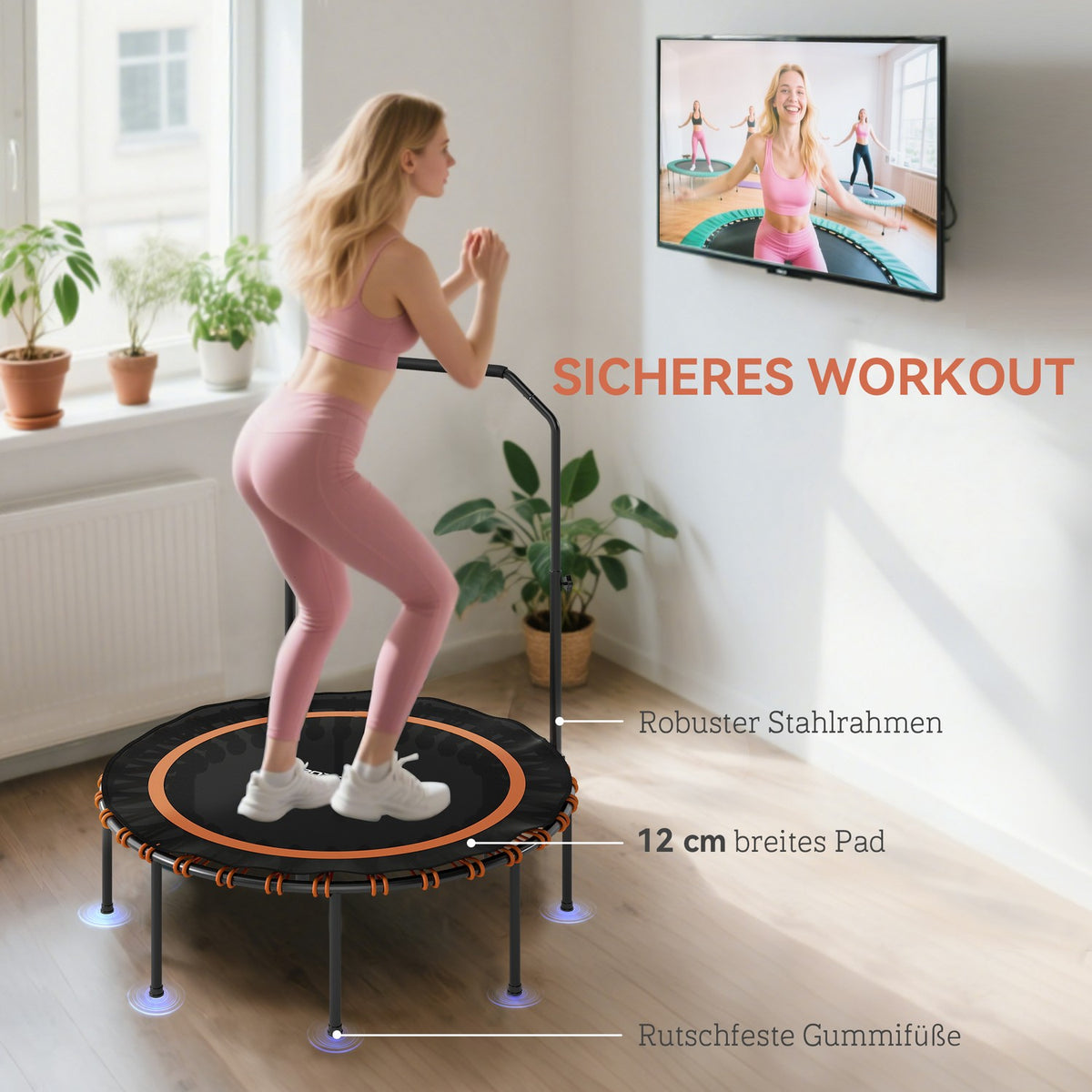 Fitness Trampoline with Adjustable Handle, Indoor/Outdoor, Orange