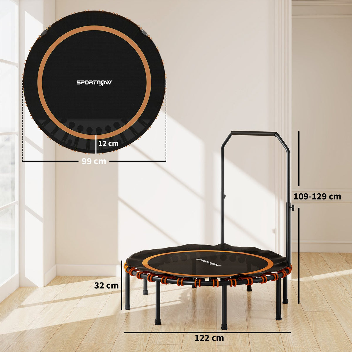 Fitness Trampoline with Adjustable Handle, Indoor/Outdoor, Steel/Plastic, Orange