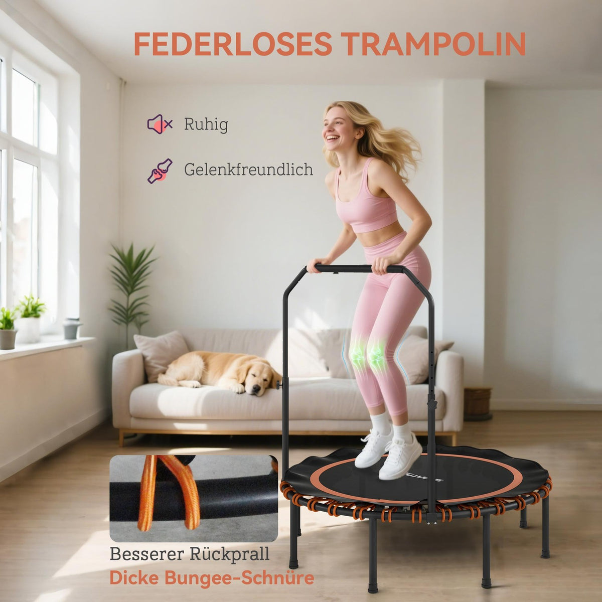 Fitness Trampoline with Adjustable Handle, Indoor/Outdoor, Steel/Plastic, Orange