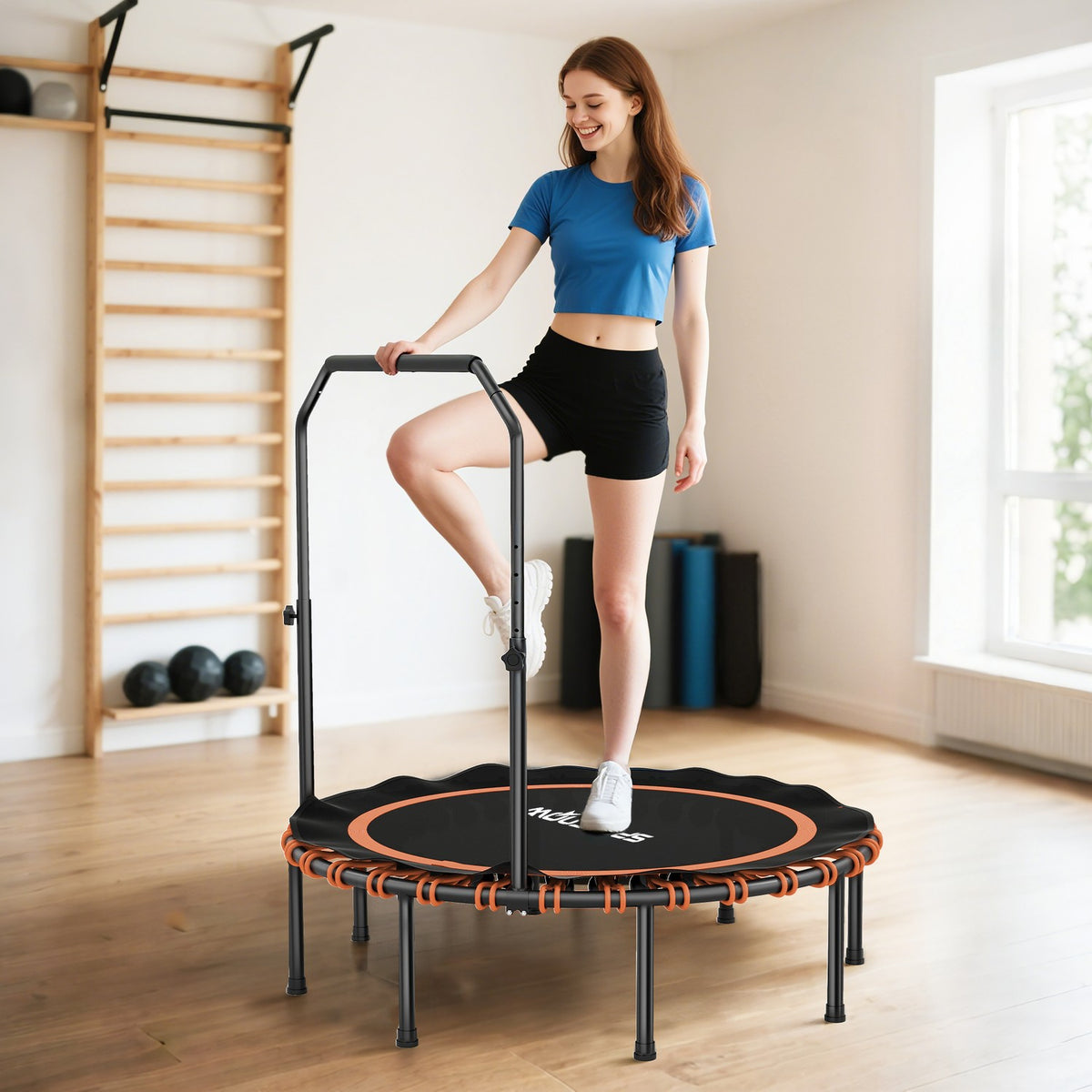 Fitness Trampoline with Adjustable Handle, Indoor/Outdoor, Steel/Plastic, Orange