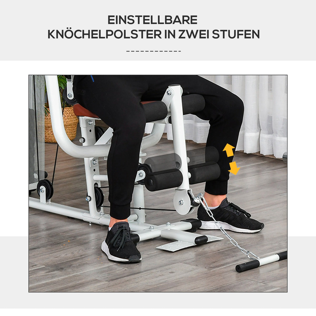 Fitness station for home, total 45kg, with press arm, leg developer, roller pads, PU synthetic leather, 150 x 110 x 210 cm, white
