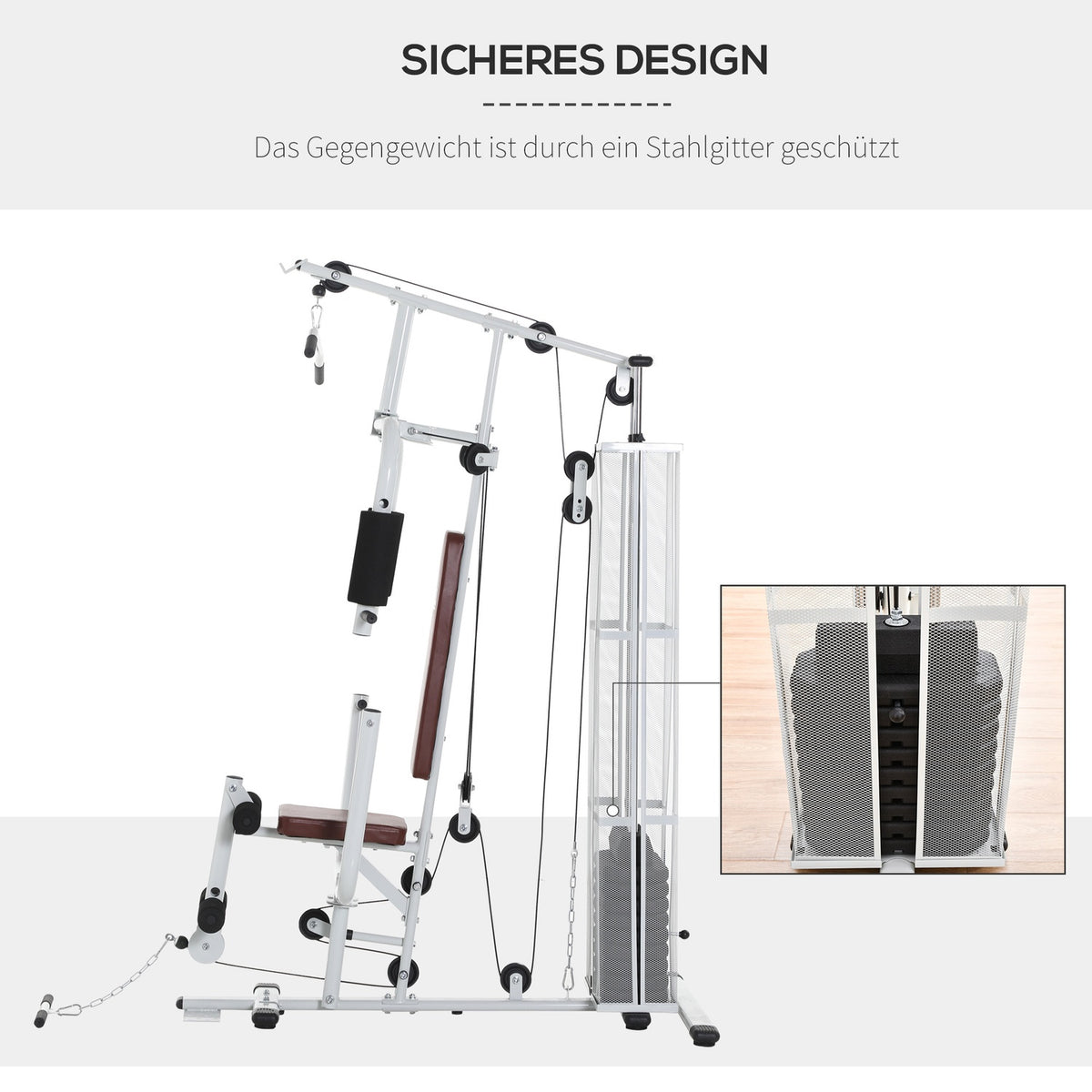 Fitness station for home, total 45kg, with press arm, leg developer, roller pads, PU synthetic leather, 150 x 110 x 210 cm, white